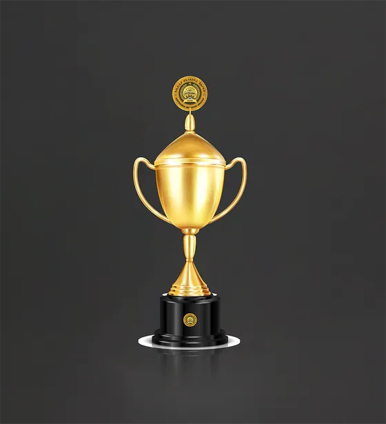 Gold trophy topped with an industry award medallion