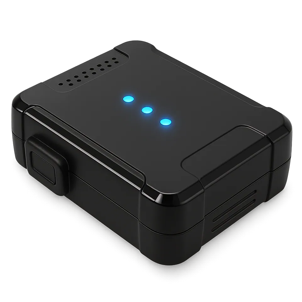 Compact black GPS tracking unit with status lights
