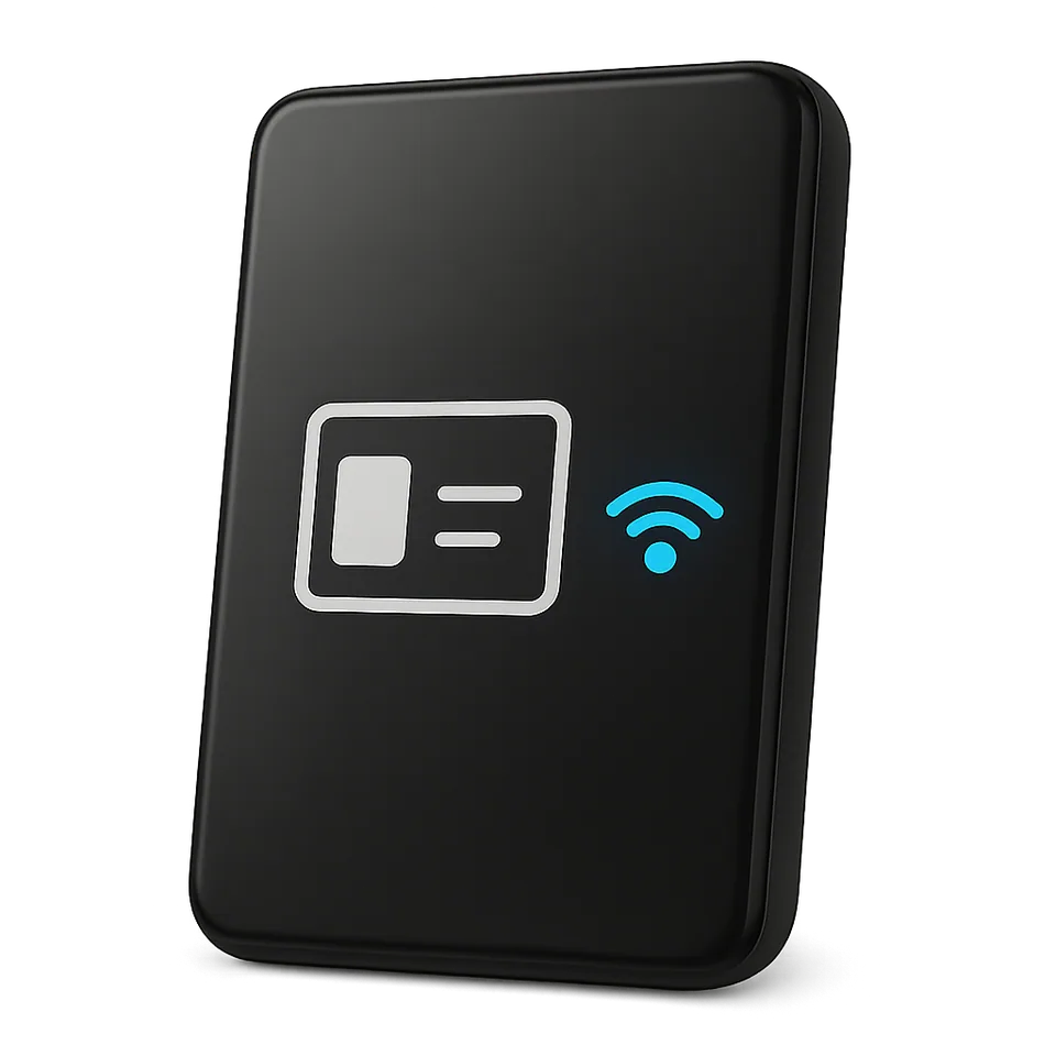 Black driver ID card reader with an ID card symbol and a contactless signal mark