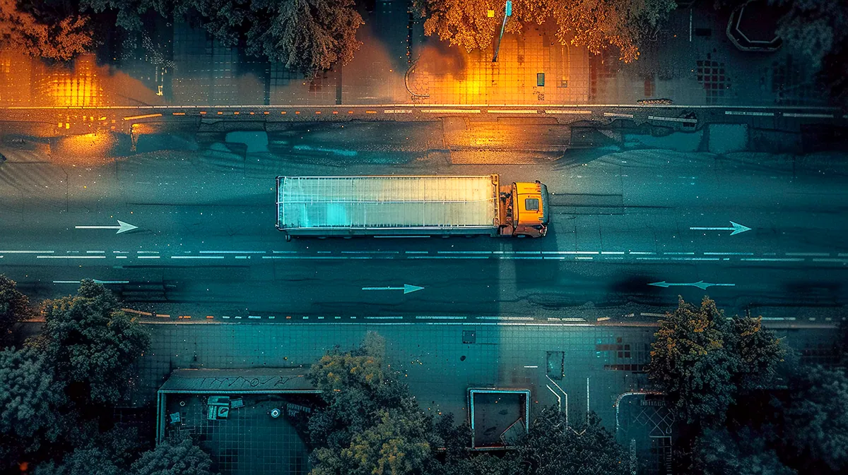 Overhead view of a truck driving along a lit road at night